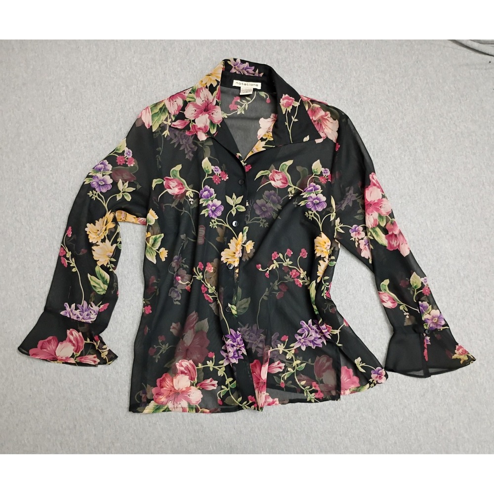 Notations 90s Black Floral Sheer Med Blouse Bell Cuff Romantic Whimsigoth Witchy
